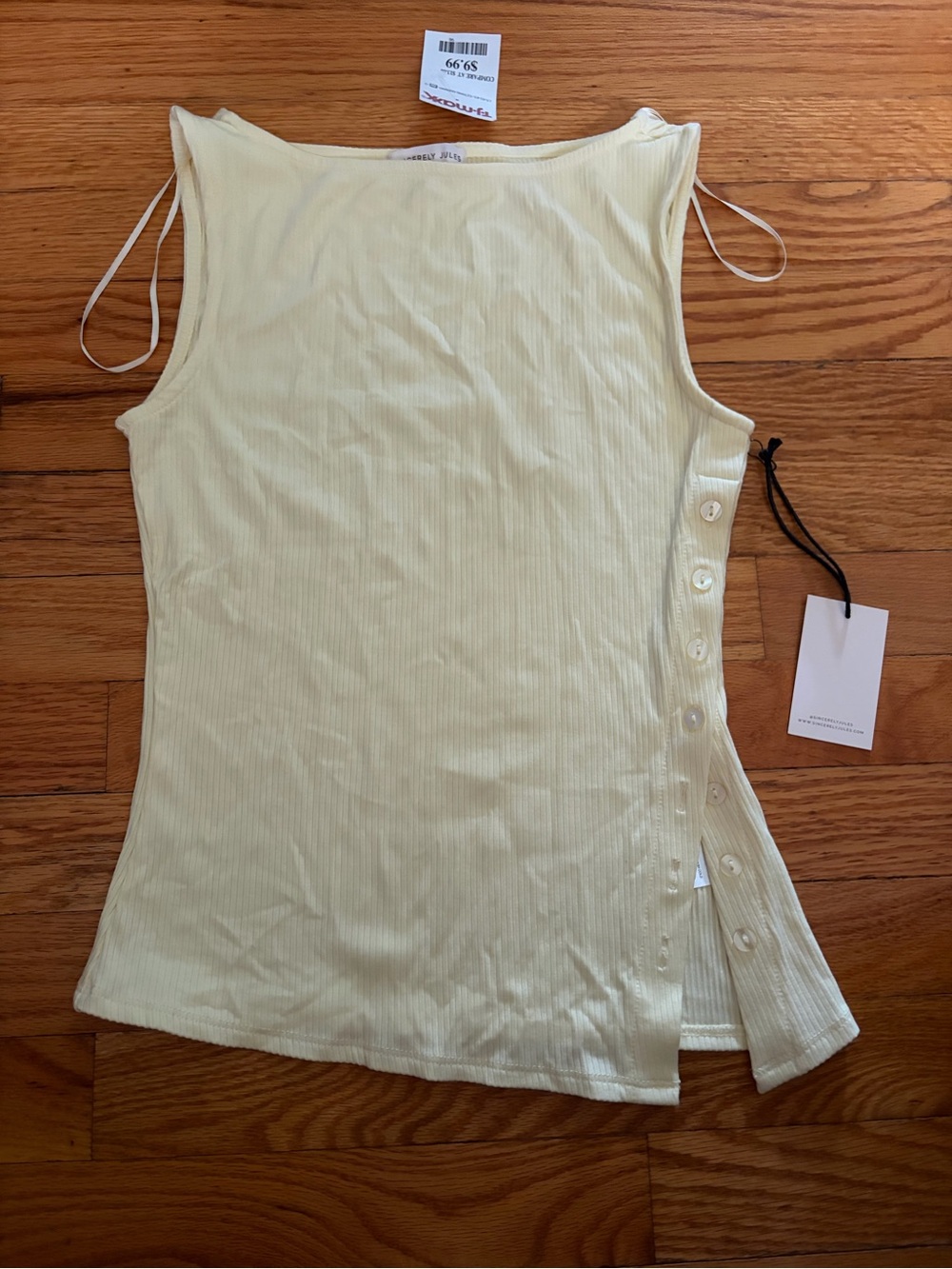 NWT Sleeveless Ribbed Button-Trim Tank Top - Pale Yellow Size S